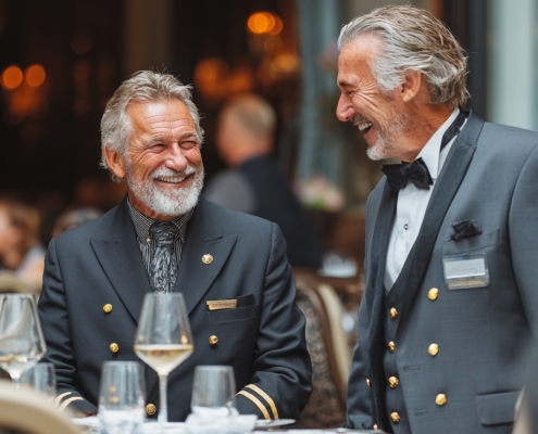 Two experienced hotel professionals in formal hospitality uniforms share a friendly conversation and laugh together beside a dining table in an elegant restaurant. The image highlights strong workplace relationships, leadership, mentorship, team culture, and employee engagement within the hospitality industry.